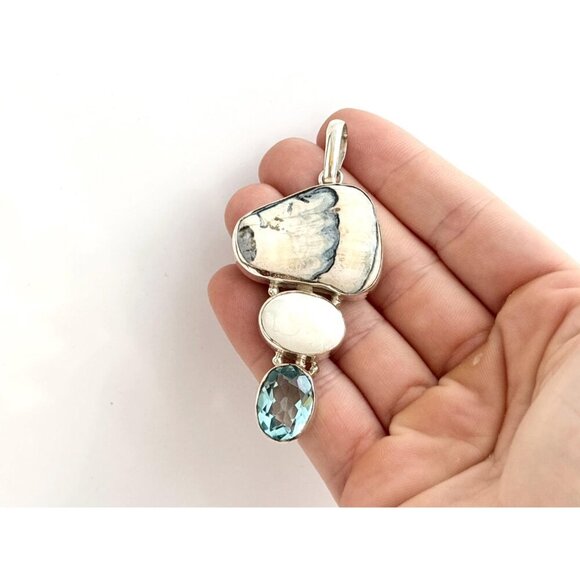 Agate, Mother of Pearl & Aquamarine Gemstone Sterling Silver 925 Vintage Pendant - Picture 6 of 10